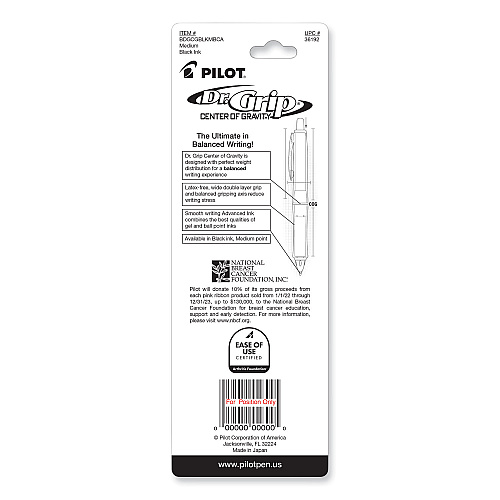 Pilot Dr. Grip Center of Gravity Breast Cancer Awareness Ballpoint Pen, Retractable, Medium 1mm, Black Ink, Silver/Pink Barrel (36192)