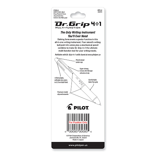 Pilot Dr. Grip 4 + 1 Multi-Color Ballpoint Pen/Pencil, Retractable, 0.7 mm Pen/0.5mm Pencil, Black/Blue/Green/Red Ink, Black Barrel (36220)