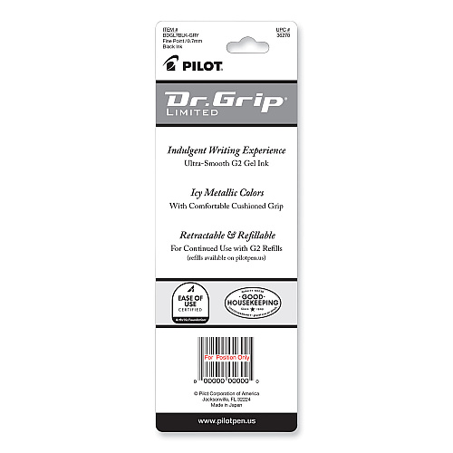 Pilot Dr. Grip Limited Gel Pen, Retractable, Fine 0.7 mm, Black Ink, Charcoal Gray Barrel (36270)
