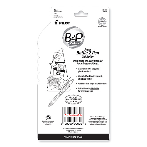 Pilot B2P Bottle-2-Pen Recycled Gel Pen, Retractable, Fine 0.7 mm, Assorted Ink and Barrel Colors, 4/Pack (36620)