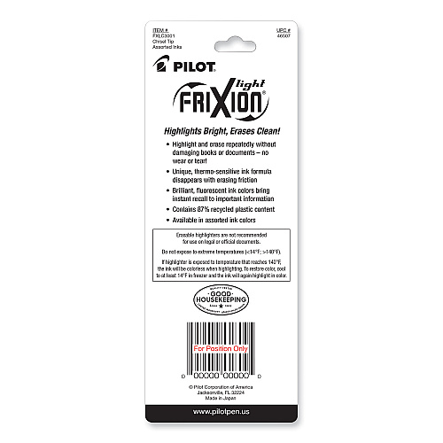 Pilot FriXion Light Erasable Highlighter, Assorted Ink Colors, Chisel Tip, Assorted Barrel Colors, 3/Pack (46507)