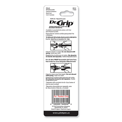 Pilot Refill for Dr. Grip, Easytouch, The Better, B2P and Rex Grip BeGreen Ballpoint Pens, Medium Conical Tip, Blue Ink, 2/Pack (77228)