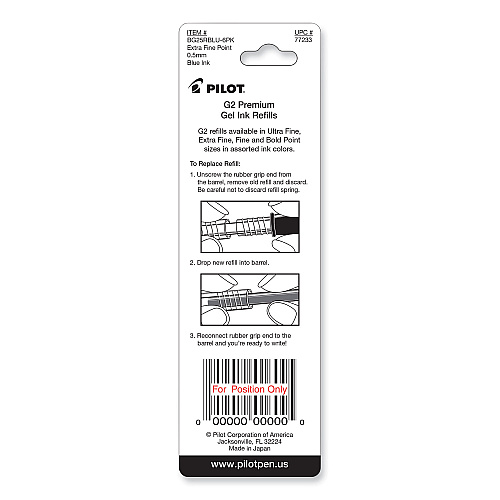 Refill for Pilot B2P, Dr Grip, G2, G6, MR Metropolitan, Precise BeGreen and Q7 Gel Pens, Extra-Fine Tip, Blue Ink, 2/Pack (77233)