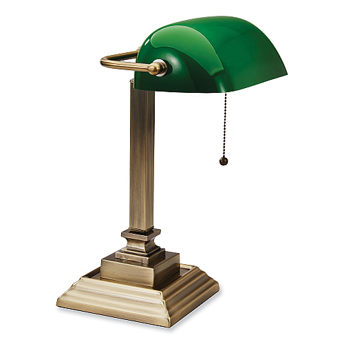 V-Light LED Banker's Lamp with Green Shade, USB Charging Port, Candlestick Neck, 15" High, Antique Brass (SVCA150402GR)