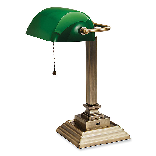 V-Light LED Banker's Lamp with Green Shade, USB Charging Port, Candlestick Neck, 15" High, Antique Brass (SVCA150402GR)