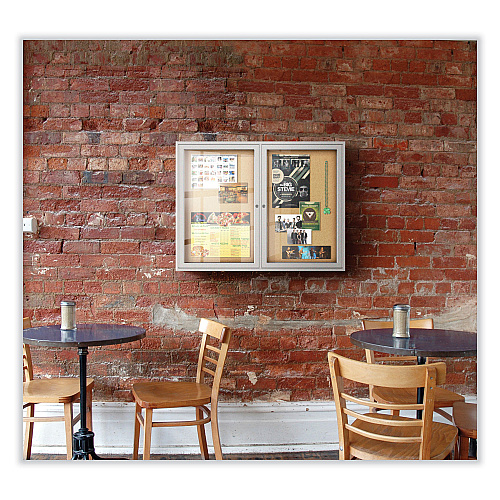 Ghent 3 Door Enclosed Natural Cork Bulletin Board with Satin Aluminum Frame, 72 x 48, Tan Surface (PA34872K)
