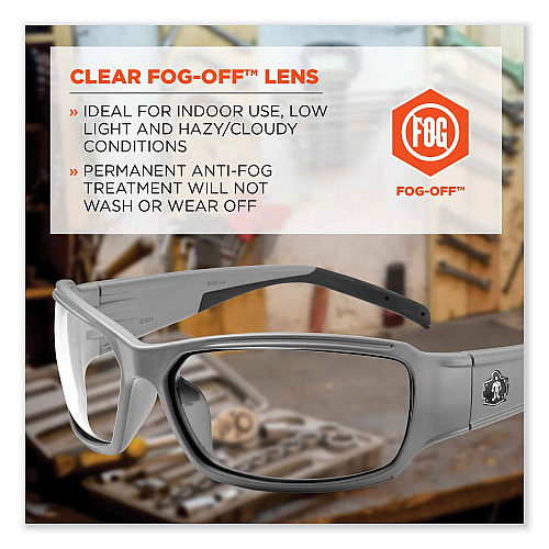 ergodyne Skullerz Thor Safety Glasses, Matte Gray Nylon Impact Frame, Anti-Fog Clear Polycarbonate Lens (51103)