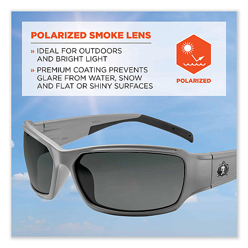 ergodyne Skullerz Thor Safety Glasses, Matte Gray Nylon Impact Frame, Polarized Smoke Polycarbonate Lens (51131)