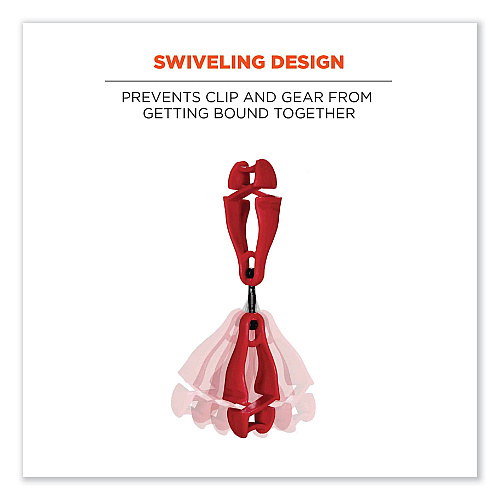 ergodyne Squids 3420 Dual Clip Swivel Glove Clip Holder, 1 x 0.6 x 5.5, Acetal Copolymer, Red,100/Pack (19513BULK)