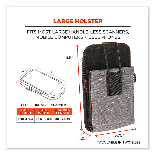 ergodyne Squids 5542 Phone Style Scanner Holster with Belt Loop, Large, 1 Compartment, 3.75 x 1.25 x 6.5, Polyester, Gray (19192)