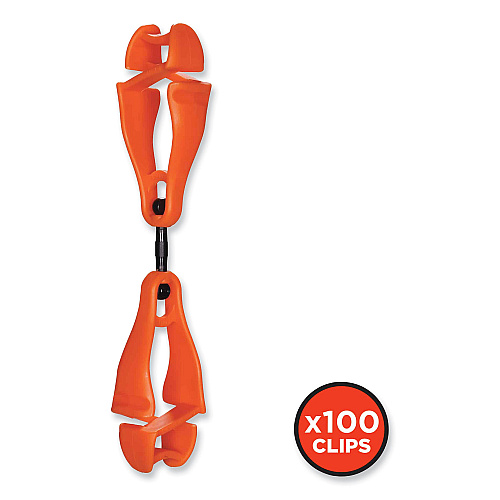 ergodyne Squids 3420 Dual Clip Swivel Glove Clip Holder, 1 x 0.6 x 5.5, Acetal Copolymer, Orange, 100/Pack (19518BULK)