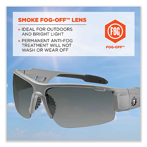 ergodyne Skullerz Dagr Safety Glasses, Matte Gray Nylon Impact Frame, Anti-Fog Smoke Polycarbonate Lens (52133)