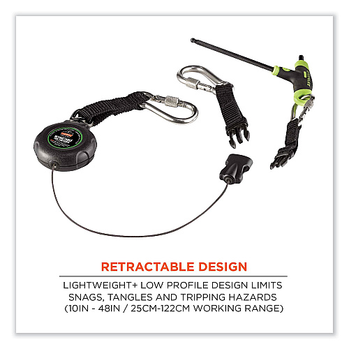 ergodyne Squids 3000 Retractable Tool Lanyard with Carabiner Anchor, 1 lb Working Capacity, 48" Long, Black (19300)