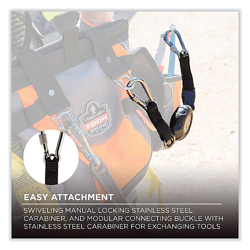 ergodyne Squids 3000 Retractable Tool Lanyard with Carabiner Anchor, 1 lb Working Capacity, 48" Long, Black (19300)