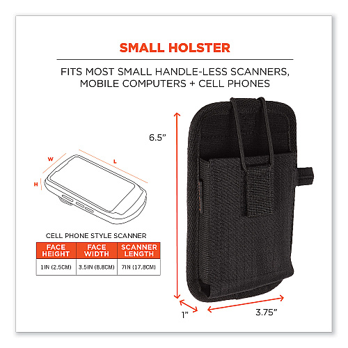 ergodyne Squids 5544 Phone Style Scanner Holster with Belt Clip and Loops, 1 Compartment, 3.75 x 1 x 6.5, Polyester,Black (19186)
