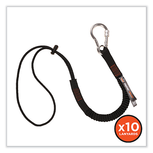 ergodyne Squids 3105 Tool Lanyard with Aluminum Carabiner + Cinch-Loop, 15 lb Max Working Capacity, 32" to 48" Long, Black, 10/Pack (19010)