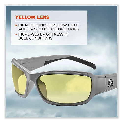 ergodyne Skullerz Thor Safety Glasses, Matte Gray Nylon Impact Frame, Yellow Polycarbonate Lens (51150)