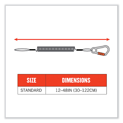 ergodyne Squids 3156 Coiled Tool Lanyard with Carabiner, 2 lb Max Work Capacity, 12" to 48", Black/Orange (19161)