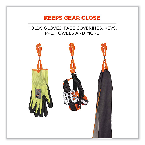 ergodyne Squids 3420 Dual Clip Swivel Glove Clip Holder, 1 x 0.6 x 5.5, Acetal Copolymer, Orange, 100/Pack (19518BULK)