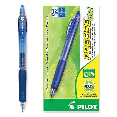Pilot Precise Gel BeGreen Gel Pen, Retractable, Fine 0.7 mm, Blue Ink, Translucent Blue Barrel, Dozen (15002)