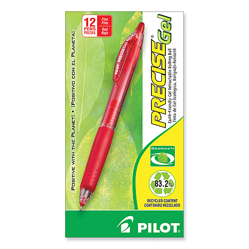 Pilot Precise Gel BeGreen Gel Pen, Retractable, Fine 0.7 mm, Red Ink, Translucent Red Barrel, Dozen (15003)