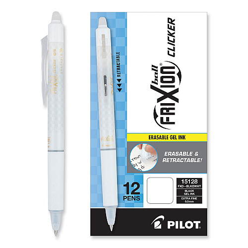 Pilot FriXion Clicker Design Erasable Gel Pen, Retractable, Extra-Fine 0.5 mm, Black Ink, White Barrel, Dozen (15128)