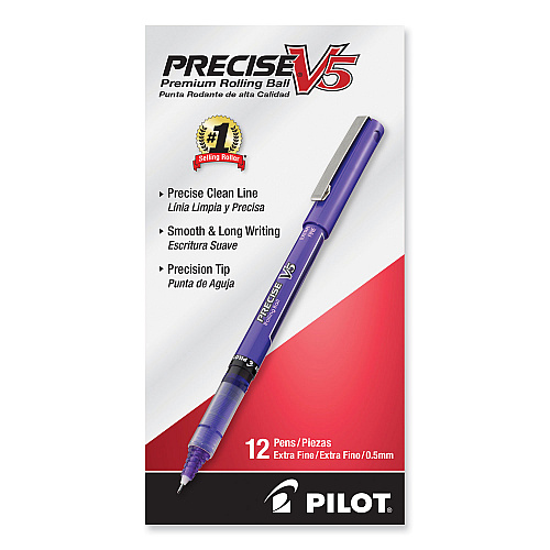 Pilot Precise V5 Roller Ball Pen, Stick, Extra-Fine 0.5 mm, Purple Ink, Purple/Clear Barrel, Dozen (25106)