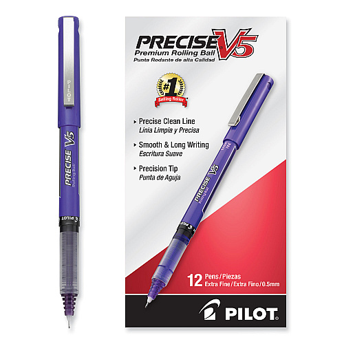 Pilot Precise V5 Roller Ball Pen, Stick, Extra-Fine 0.5 mm, Purple Ink, Purple/Clear Barrel, Dozen (25106)