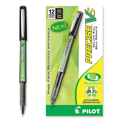 Pilot Precise V5 BeGreen Roller Ball Pen, Stick, Extra-Fine 0.5 mm, Black Ink, Black Barrel, Dozen (26300)