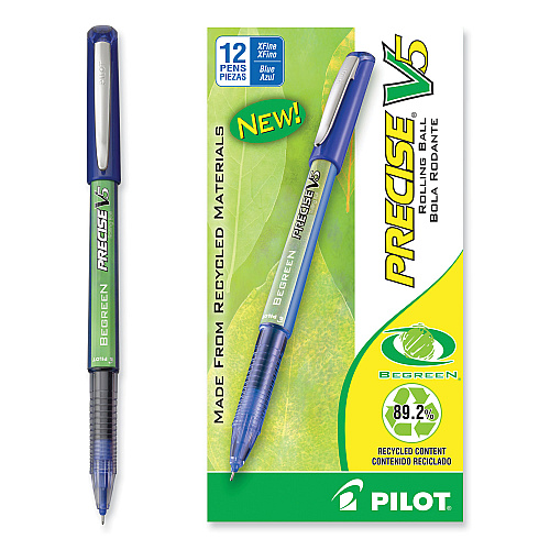 Pilot Precise V5 BeGreen Roller Ball Pen, Stick, Extra-Fine 0.5 mm, Blue Ink, Blue Barrel, Dozen (26301)