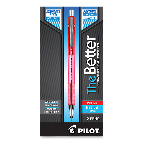 Pilot Better Ballpoint Pen, Retractable, Medium 1 mm, Red Ink, Translucent Red Barrel, Dozen (30007)