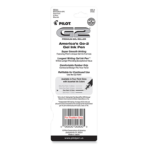 Pilot G2 Premium Gel Pen, Retractable, Fine 0.7 mm, Blue Ink, Smoke/Blue Barrel, 2/Pack (31032)