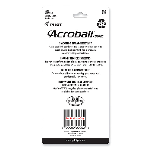 Pilot Acroball Colors Advanced Ink Hybrid Gel Pen, Retractable, Medium 1 mm, Assorted Ink and Barrel Colors, 5/Pack (31820)