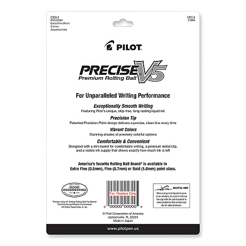 Pilot Precise V5 Roller Ball Pen, Stick, Fine 0.5 mm, Assorted Ink and Barrel Colors, Dozen (31888)