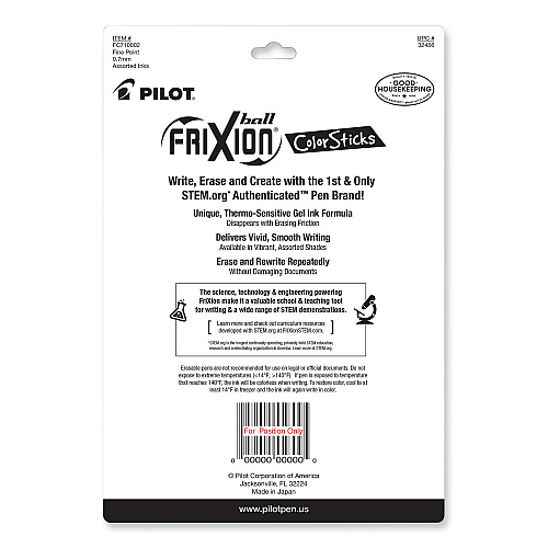 Pilot FriXion ColorSticks Erasable Gel Pen, Stick, Fine 0.7 mm, Assorted Ink and Barrel Colors, 10/Pack (32456)
