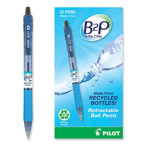 Pilot B2P Bottle-2-Pen Recycled Ballpoint Pen, Retractable, Medium 1 mm, Black Ink, Translucent Blue Barrel, Dozen (32800)