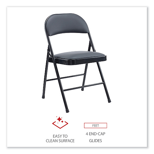 Alera PU Padded Folding Chair, Supports Up to 250 lb, Black Seat, Black Back, Black Base, 4/Carton (ALECA9416)