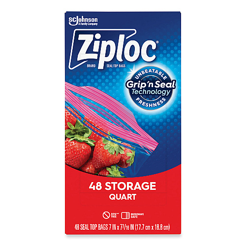 Ziploc Double Zipper Storage Bags, Triple System Seal, Quart, 9.63" x 8.5", Clear, 48/Box (314469BX)