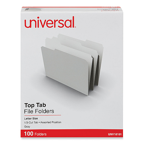Universal Top Tab File Folders, 1/3-Cut Tabs: Assorted, Letter Size, 0.75" Expansion, Gray, 100/Box (UNV18101)