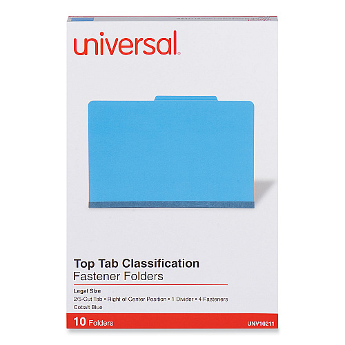 Universal Bright Colored Pressboard Classification Folders, 2" Expansion, 1 Divider, 4 Fasteners, Legal Size, Cobalt Blue, 10/Box (UNV10211)