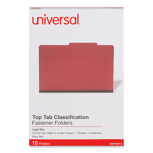 Universal Bright Colored Pressboard Classification Folders, 2" Expansion, 1 Divider, 4 Fasteners, Legal Size, Ruby Red Exterior, 10/Box (UNV10213)