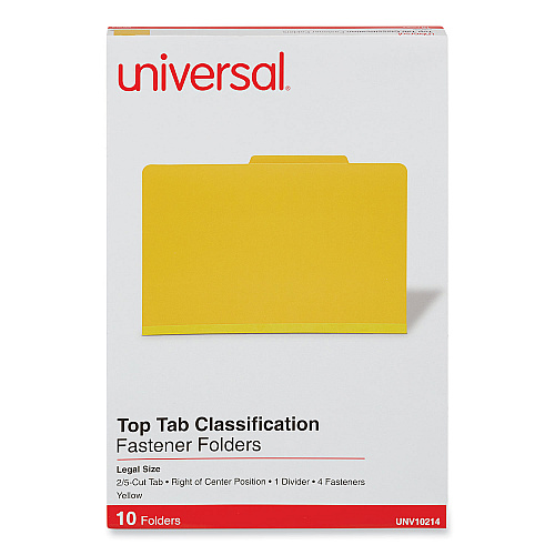 Universal Bright Colored Pressboard Classification Folders, 2" Expansion, 1 Divider, 4 Fasteners, Legal Size, Yellow Exterior, 10/Box (UNV10214)