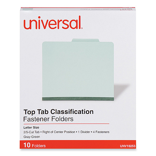 Universal Four-Section Pressboard Classification Folders, 2" Expansion, 1 Divider, 4 Fasteners, Letter Size, Gray-Green, 10/Box (UNV10253)