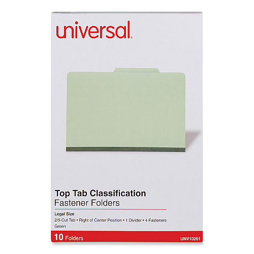 Universal Four-Section Pressboard Classification Folders, 2" Expansion, 1 Divider, 4 Fasteners, Legal Size, Green Exterior, 10/Box (UNV10261)