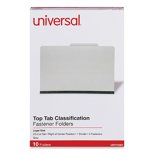 Universal Four-Section Pressboard Classification Folders, 2" Expansion, 1 Divider, 4 Fasteners, Legal Size, Gray Exterior, 10/Box (UNV10262)