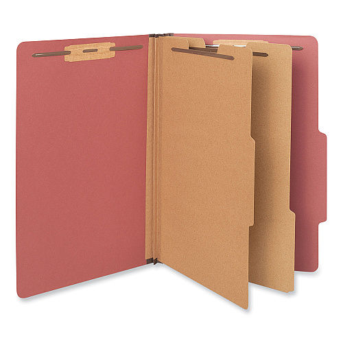 Universal Six-Section Pressboard Classification Folders, 2" Expansion, 2 Dividers, 6 Fasteners, Legal Size, Red Exterior, 10/Box (UNV10280)