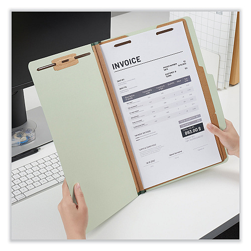 Universal Six-Section Pressboard Classification Folders, 2" Expansion, 2 Dividers, 6 Fasteners, Legal Size, Green Exterior, 10/Box (UNV10281)