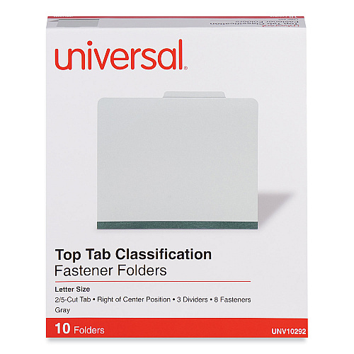 Universal Eight-Section Pressboard Classification Folders, 3" Expansion, 3 Dividers, 8 Fasteners, Letter Size, Gray Exterior, 10/Box (UNV10292)