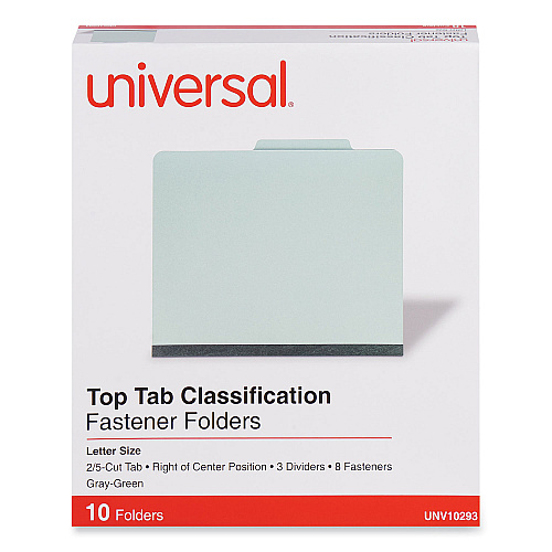 Universal Eight-Section Pressboard Classification Folders, 3" Expansion, 3 Dividers, 8 Fasteners, Letter Size, Gray-Green, 10/Box (UNV10293)