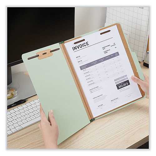Universal Eight-Section Pressboard Classification Folders, 3" Expansion, 3 Dividers, 8 Fasteners, Letter Size, Gray-Green, 10/Box (UNV10293)